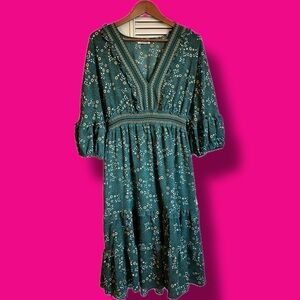 Max Studio Green Ruffled Tiered Sundress with 3/4 Bishop Sleeves